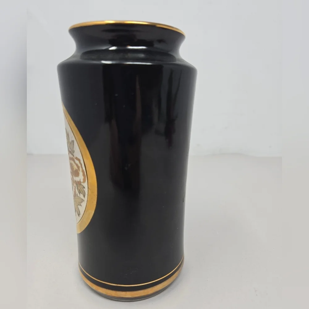 Vintage Chokin Collection Vase Engraved Bird Design With Flower Black Pottery